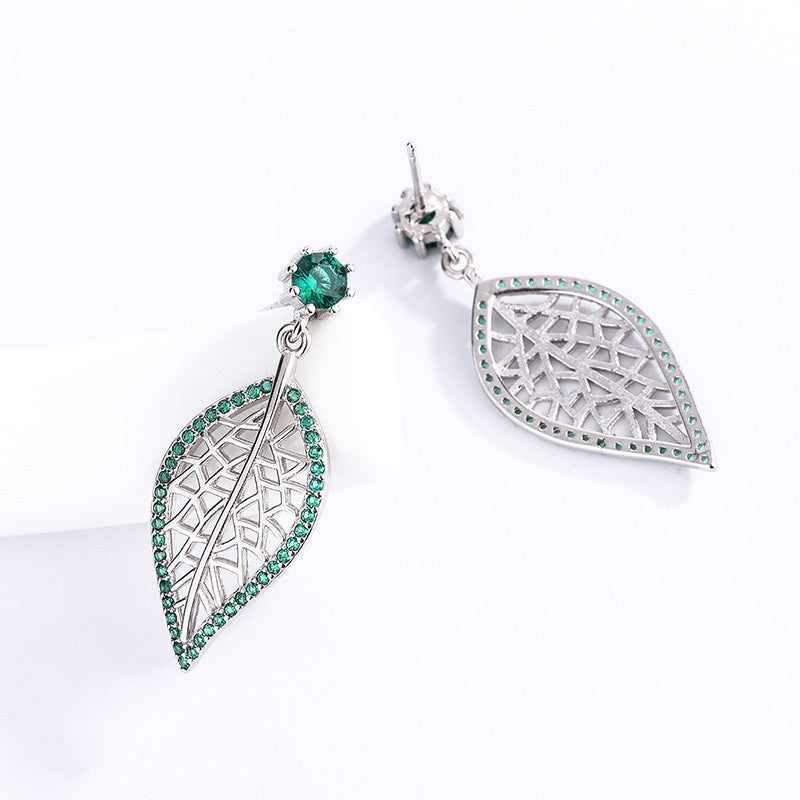 S925 Sterling Silver Leaf Stud Earrings with Sparkling Green Diamonds