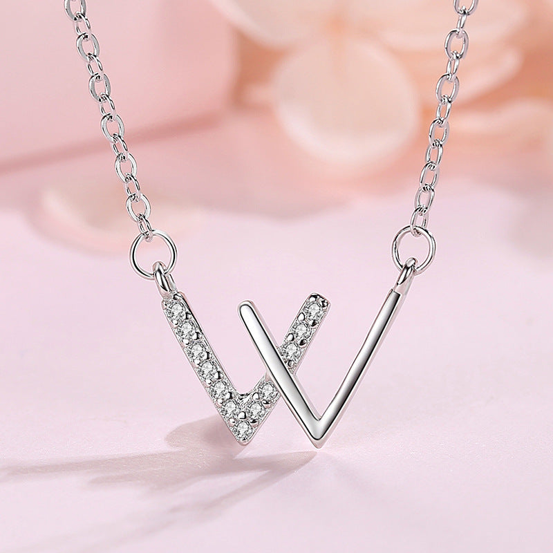 Letter W Necklace for Women - Stainless Steel Cubic Zirconia