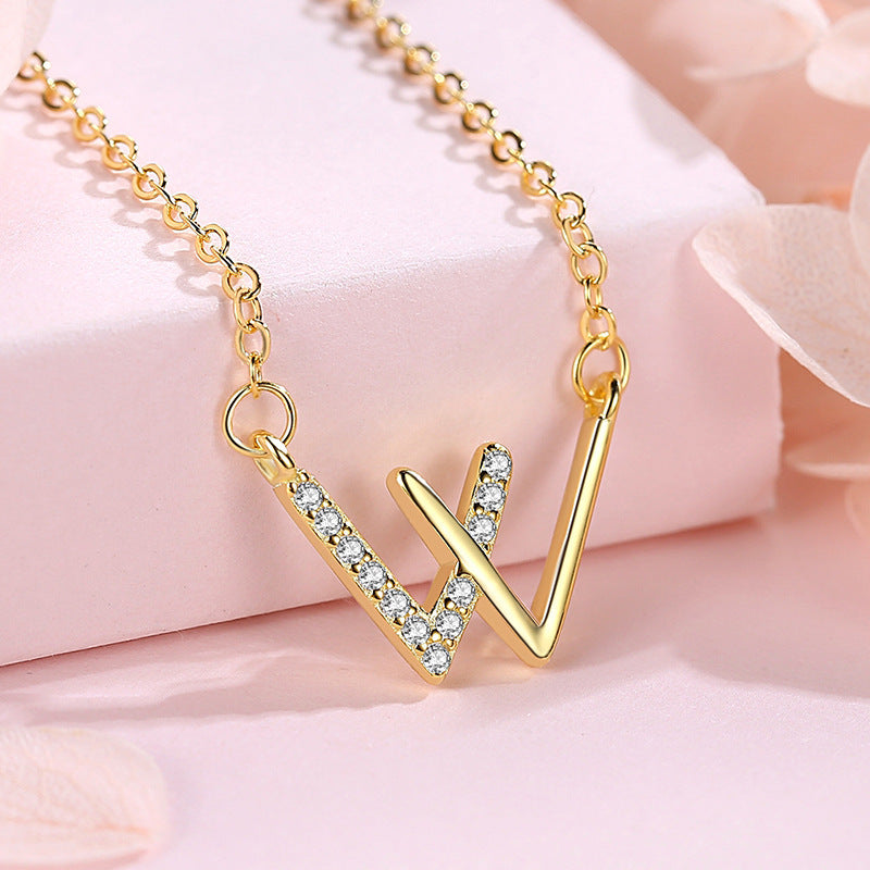 Letter W Necklace for Women - Stainless Steel Cubic Zirconia