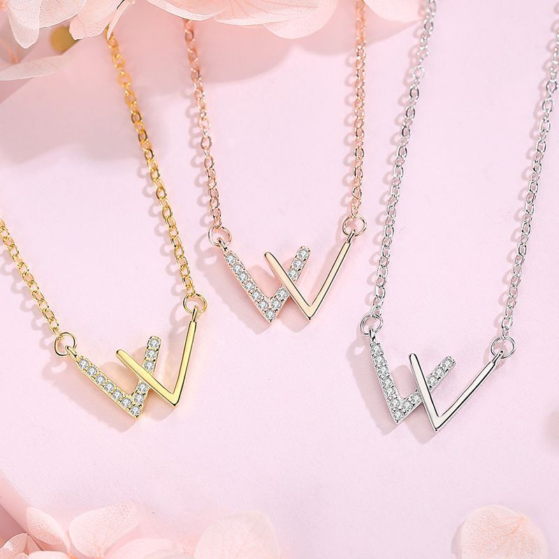 Letter W Necklace for Women - Stainless Steel Cubic Zirconia