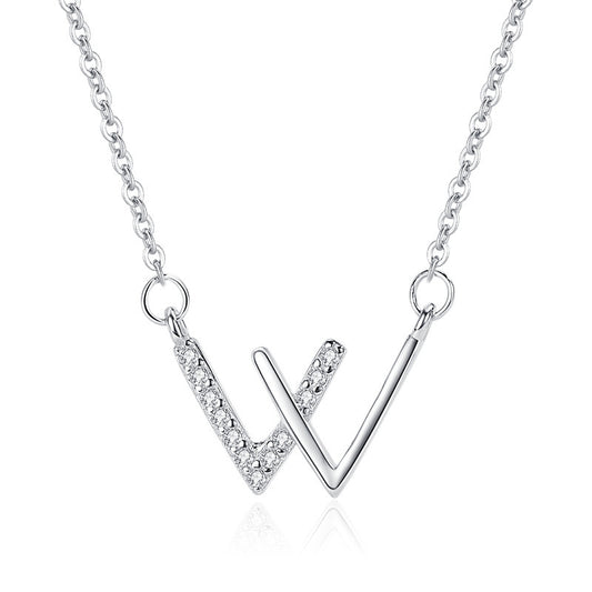 Letter W Necklace for Women - Stainless Steel Cubic Zirconia