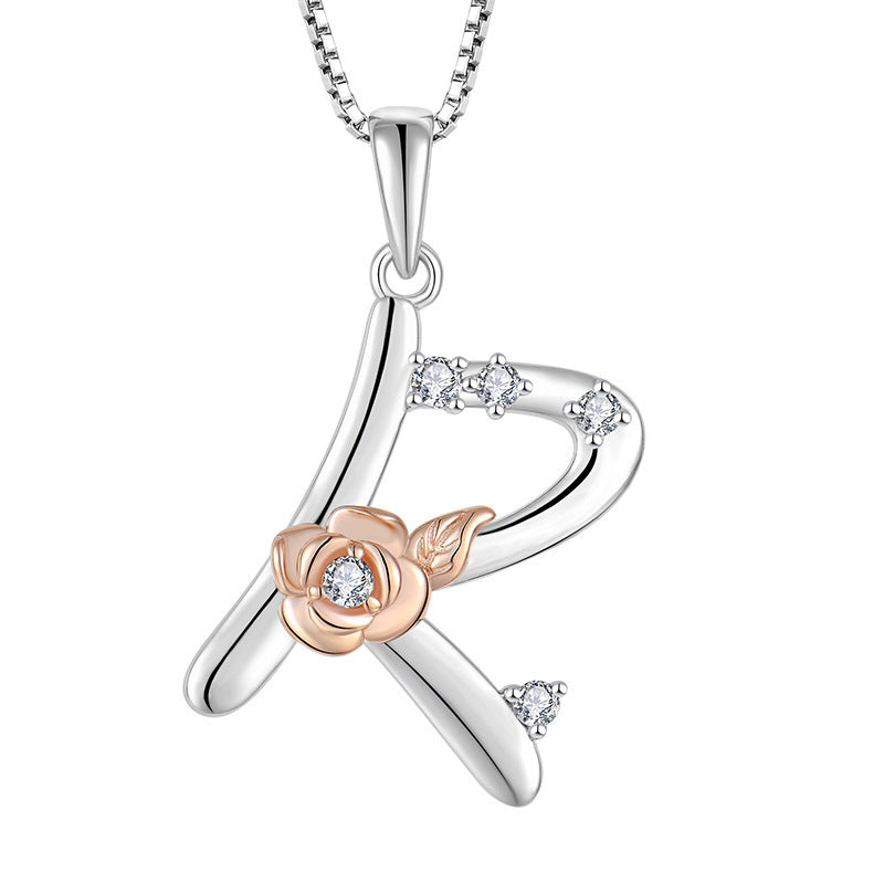 925 Sterling Silver Necklace with English Letters & Zircon Pendant