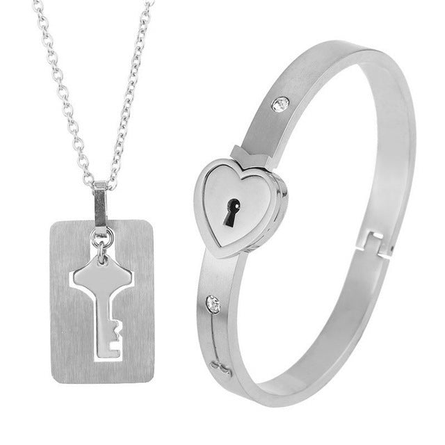 Titanium Steel Couple Love Lock, Bracelet, Key Set, Necklace.