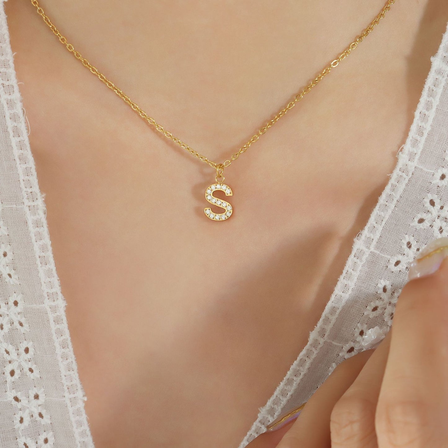 Cute 26-Letter Zirconia Necklace in Titanium Steel