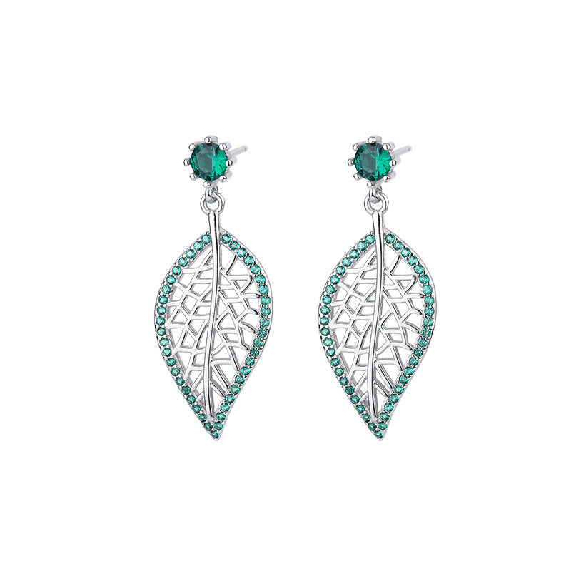 S925 Sterling Silver Leaf Stud Earrings with Sparkling Green Diamonds