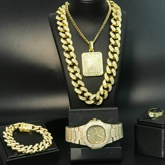 Hiphop full diamond cuban necklace men set