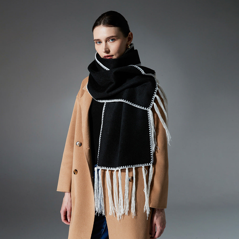 New Winter Double-Faced Wool Scarf with Solid Color and Tassels