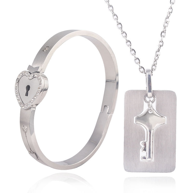 Titanium Steel Couple Love Lock, Bracelet, Key Set, Necklace.