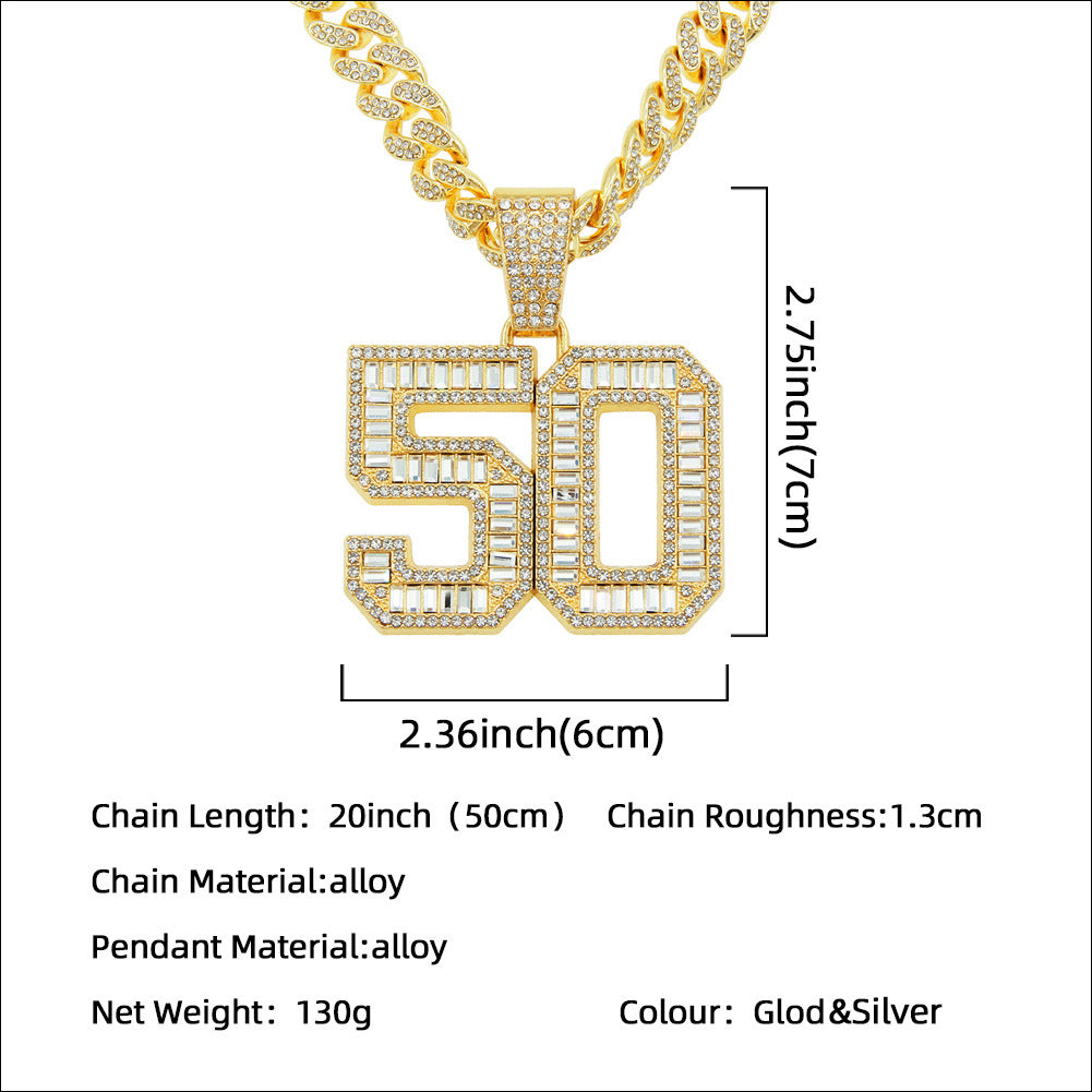 Mens Fashion Full Diamond  Number 50 Pendant Necklace