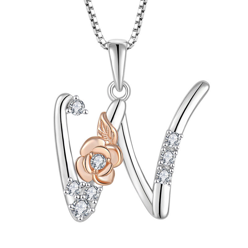 925 Sterling Silver Necklace with English Letters & Zircon Pendant