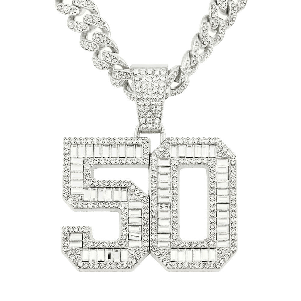 Mens Fashion Full Diamond  Number 50 Pendant Necklace