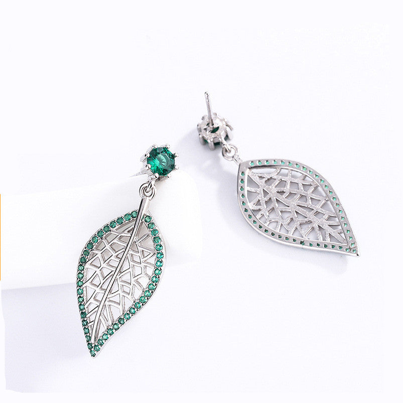 S925 Sterling Silver Leaf Stud Earrings with Sparkling Green Diamonds