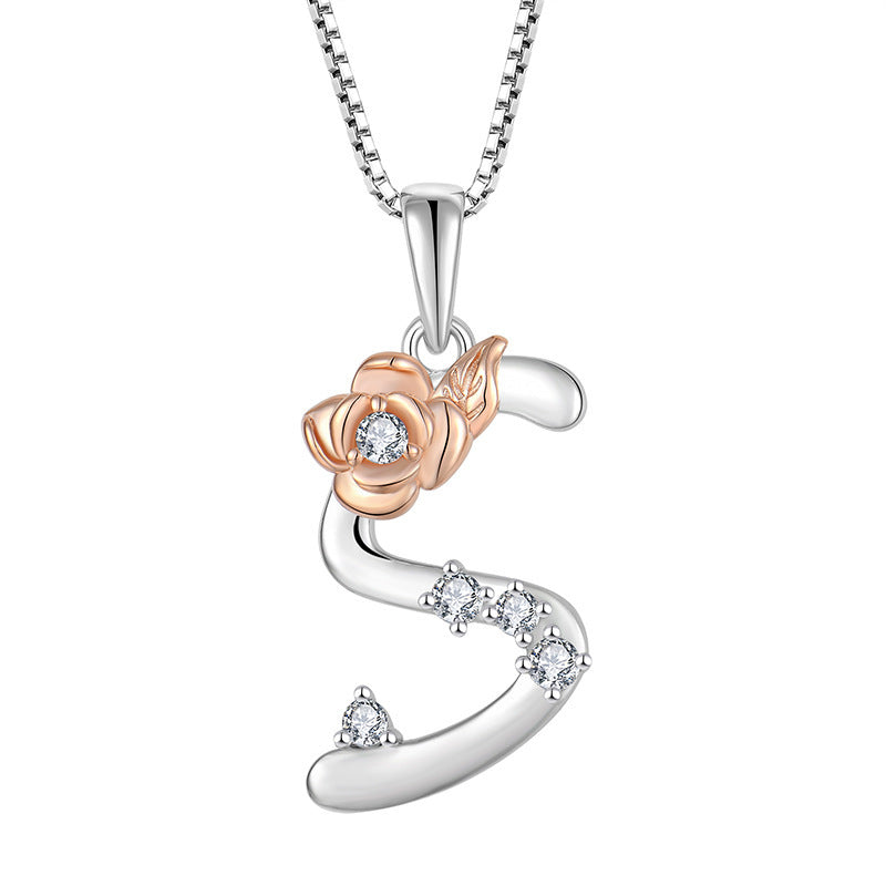 925 Sterling Silver Necklace with English Letters & Zircon Pendant