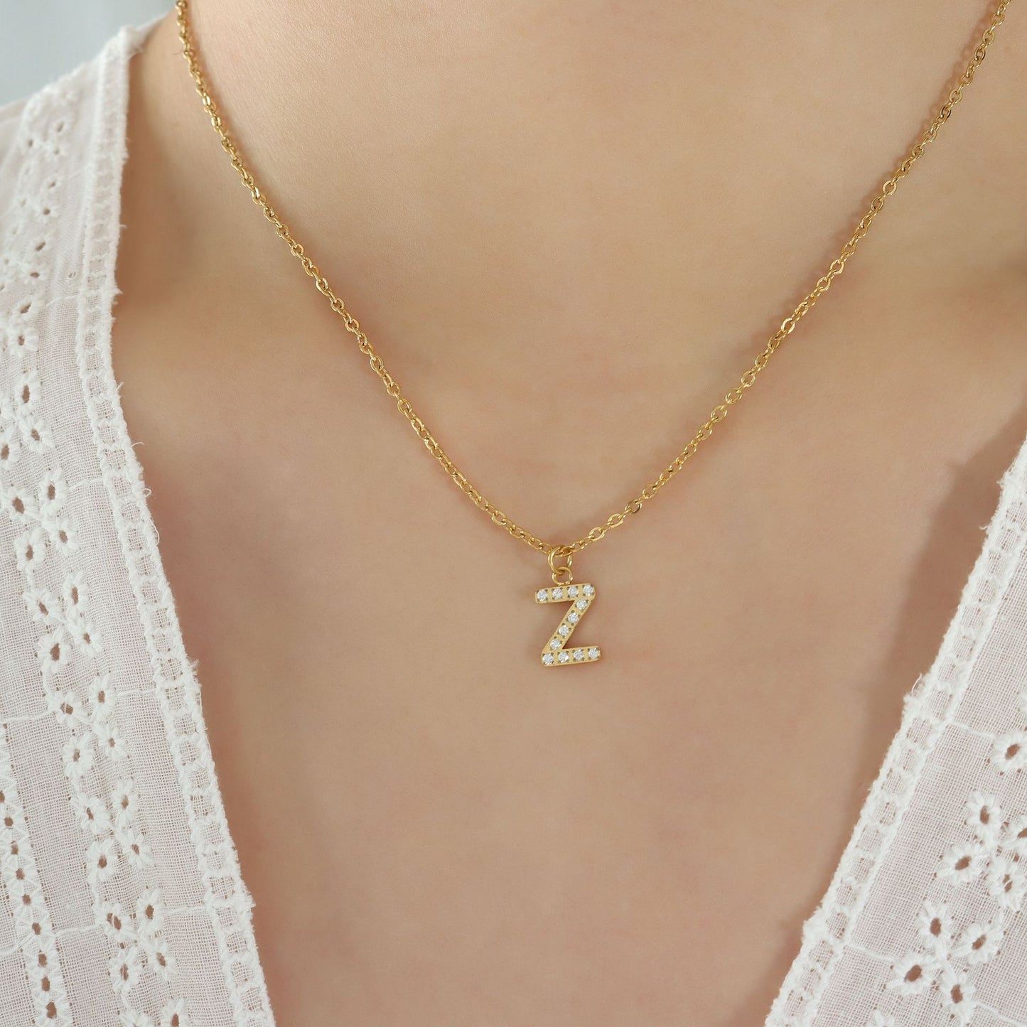 Cute 26-Letter Zirconia Necklace in Titanium Steel