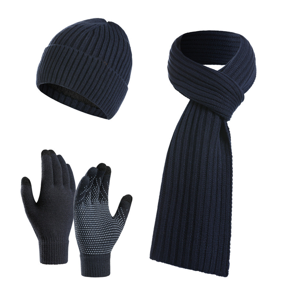 Unisex Winter Solid Color Scarf Hat Gloves Knitted Three-piece Suit