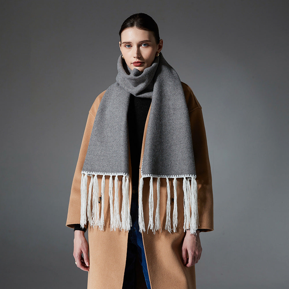 New Winter Double-Faced Wool Scarf with Solid Color and Tassels