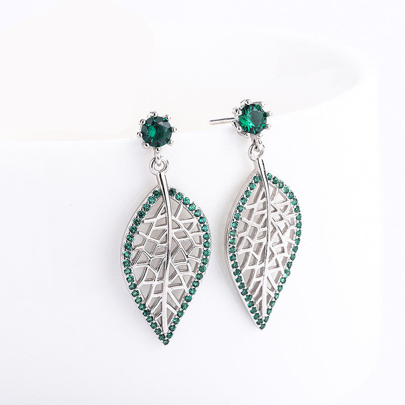 S925 Sterling Silver Leaf Stud Earrings with Sparkling Green Diamonds