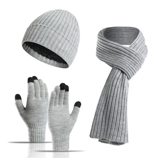 Unisex Winter Solid Color Scarf Hat Gloves Knitted Three-piece Suit