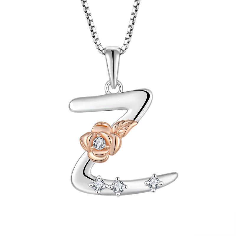 925 Sterling Silver Necklace with English Letters & Zircon Pendant