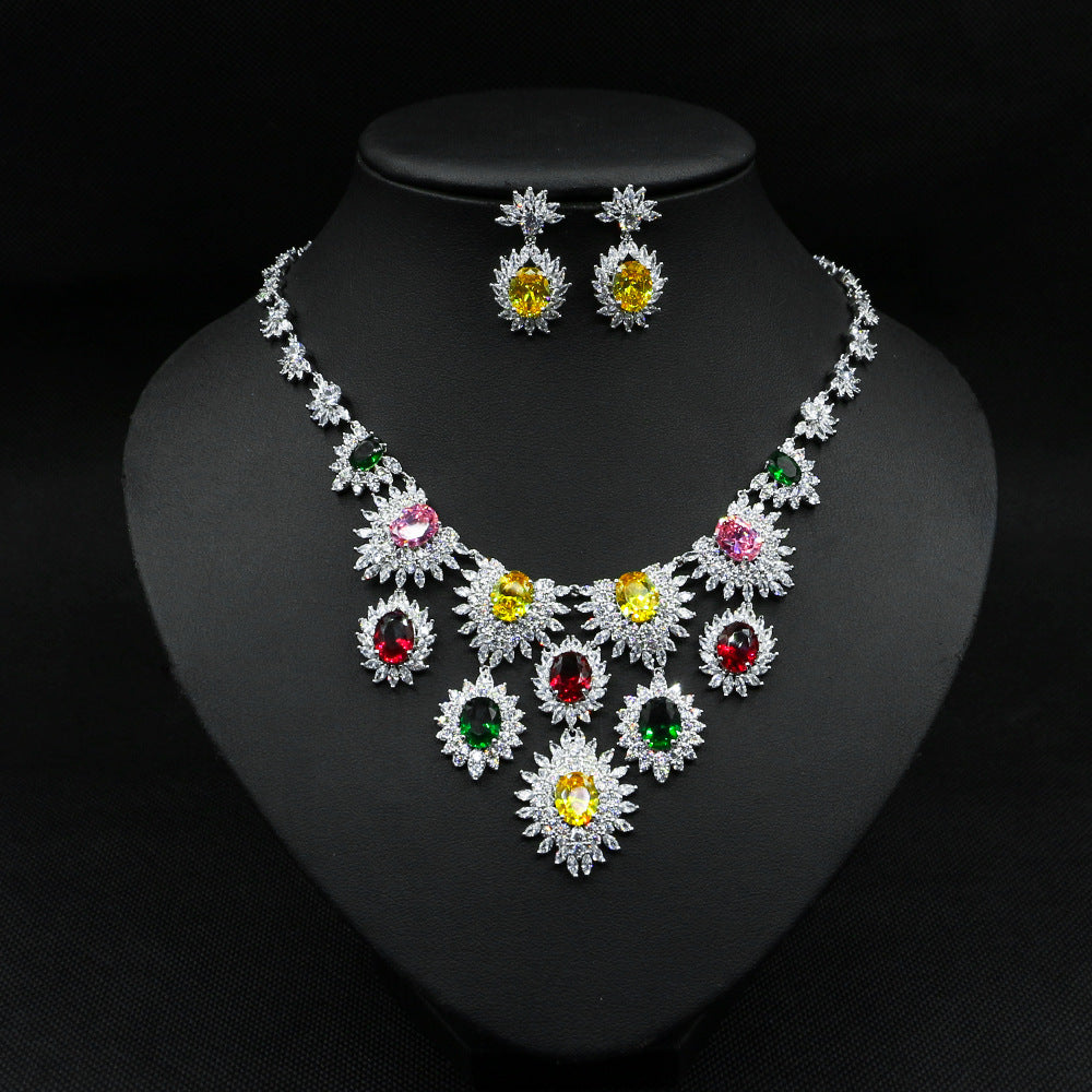 Jewelry Colorful Zircon Earrings Necklace Set Bridal Wedding