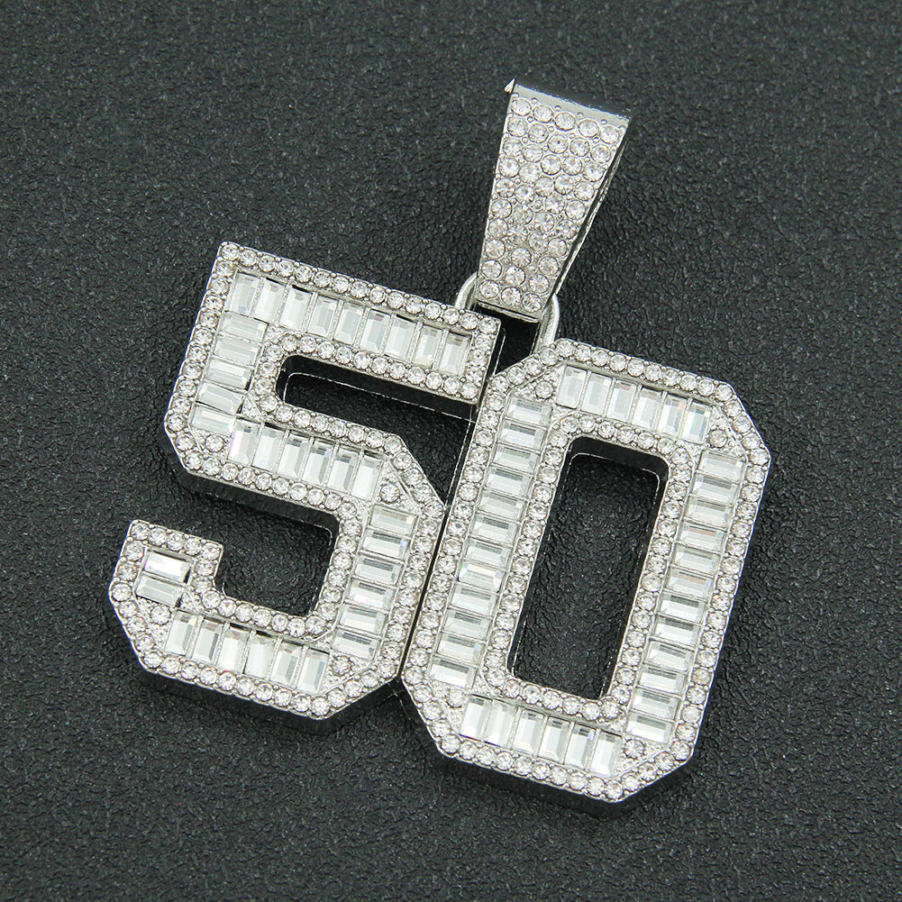 Mens Fashion Full Diamond  Number 50 Pendant Necklace