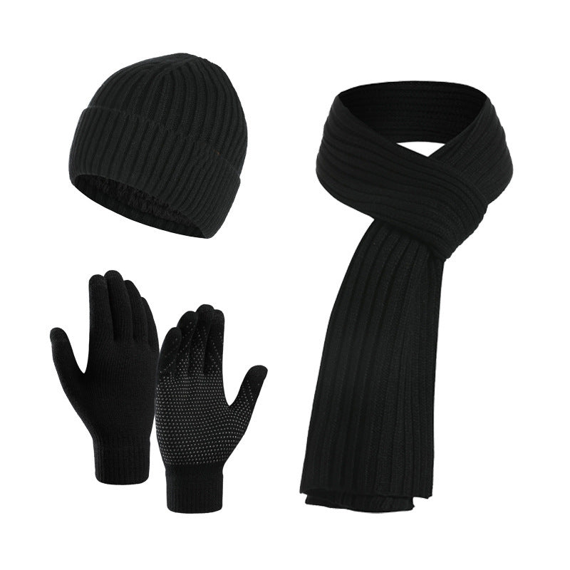 Unisex Winter Solid Color Scarf Hat Gloves Knitted Three-piece Suit