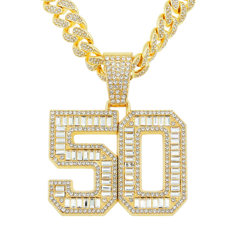 Mens Fashion Full Diamond  Number 50 Pendant Necklace