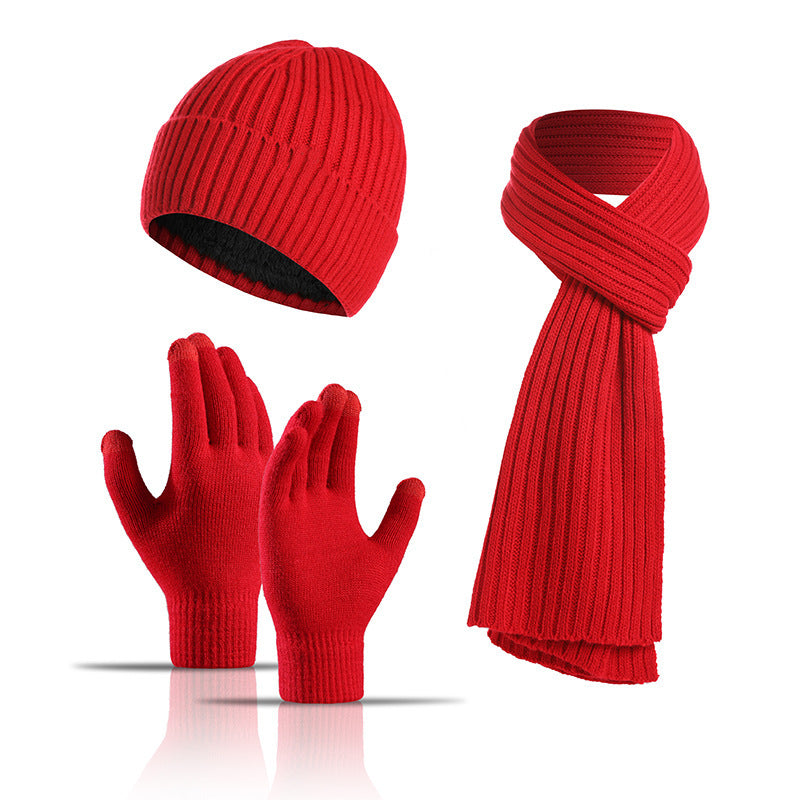 Unisex Winter Solid Color Scarf Hat Gloves Knitted Three-piece Suit