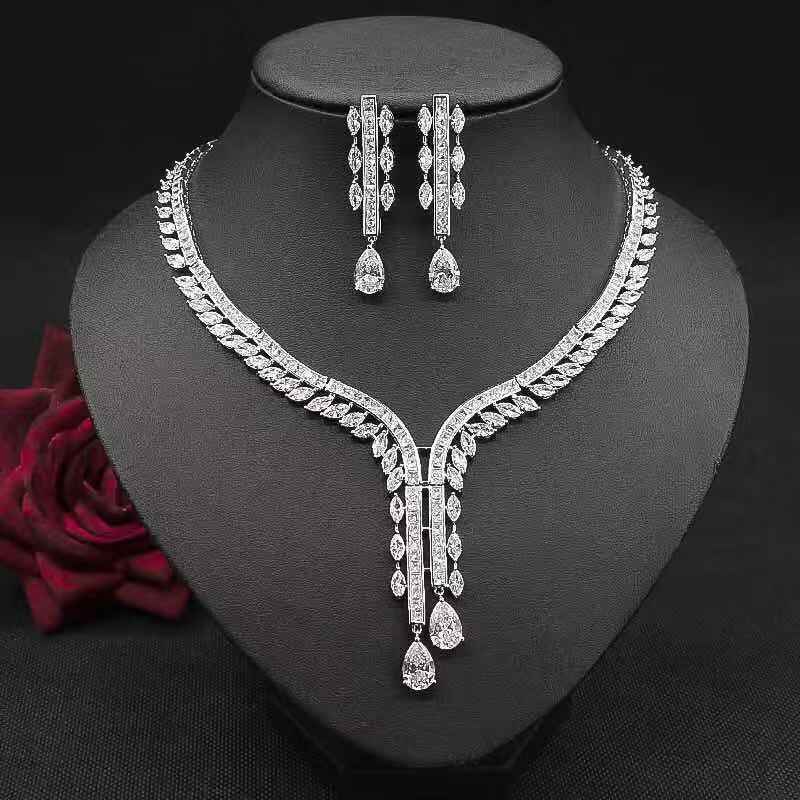 Water Drop Zircon Necklace Jewelry Set Flower Earrings Two-Piece Set