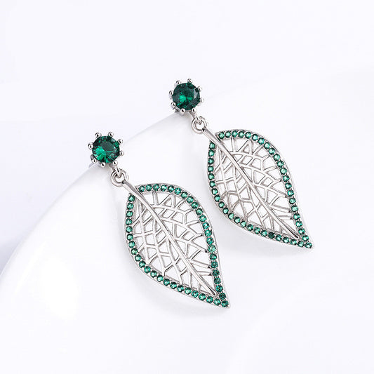 S925 Sterling Silver Leaf Stud Earrings with Sparkling Green Diamonds