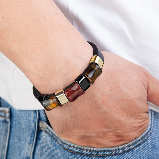 Fashion Natural Tiger Eye Men Stainless Steel Magnetic Buckle Bracelet