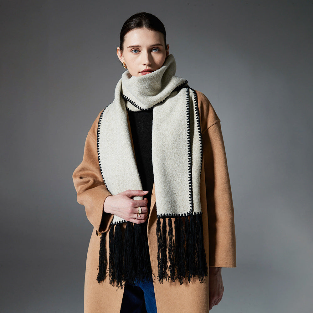 New Winter Double-Faced Wool Scarf with Solid Color and Tassels